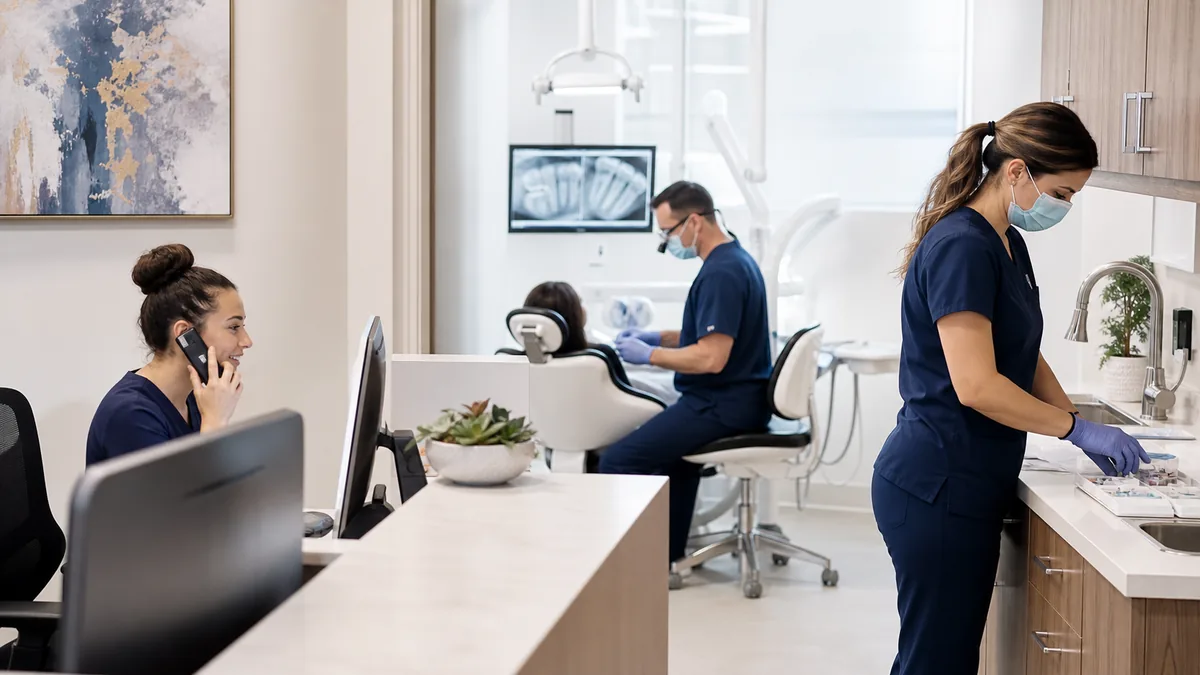 Dental practice team working with patients — representative image for Oregon employers